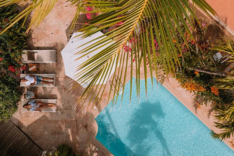 Vista aérea de la piscina exterior con tumbonas y jardín tropical en Paradera Park Aruba
