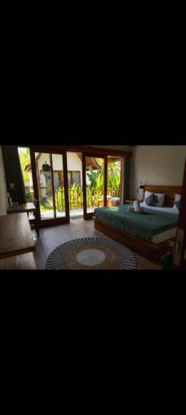 Habitación doble con cama de madera y terraza con vistas tropicales en el Hotel Twiny's