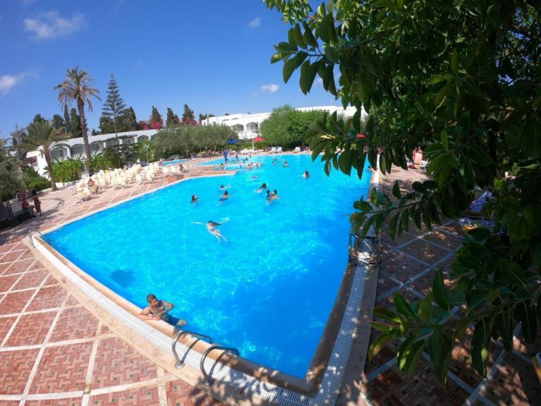 Amplia piscina exterior con bañistas del Le Hammamet Hôtel & Spa rodeada de palmeras y jardines