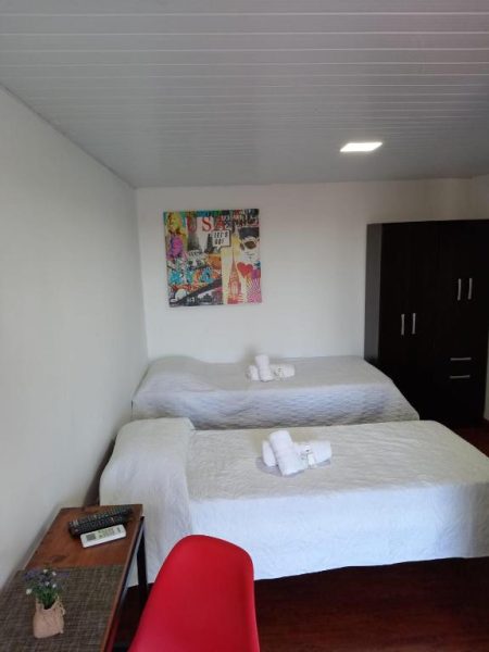Habitación doble con dos camas individuales y decoración urbana en Posada Don Manuel