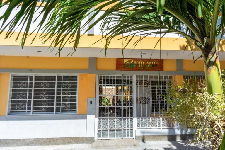 Fachada principal y entrada del Hotel Zamay Centro Histórico con rejas decorativas y palmeras