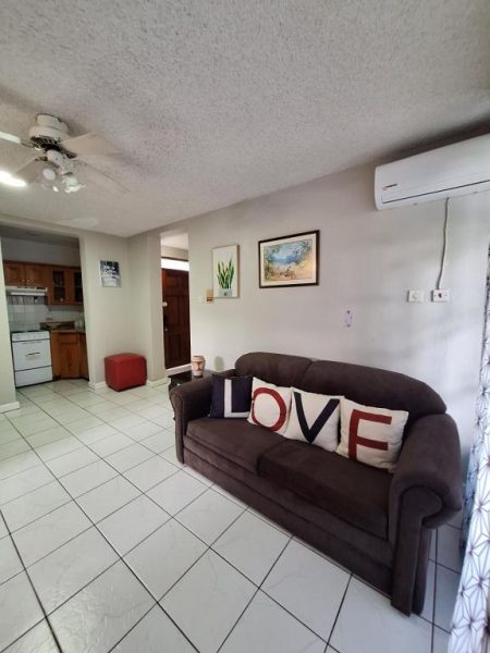 Sala de estar con sofá marrón y cojines LOVE en Beach One Bedroom 2 con cocina al fondo