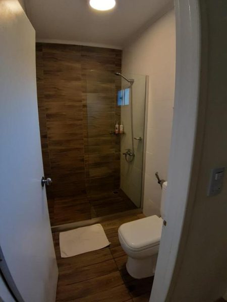 Baño moderno con ducha de azulejos efecto madera en Hotel Terrazas del Río Negro