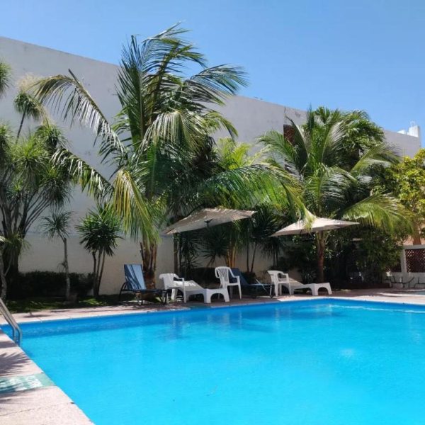 Piscina exterior con tumbonas y palmeras tropicales del hotel Íkaro Suites Cancún bajo cielo despejado