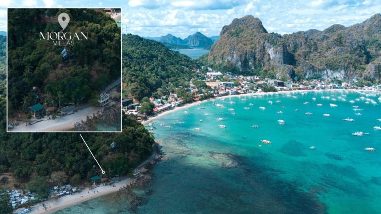 Vista aérea de Morgan Villas con la bahía de El Nido, aguas turquesas y karsts al fondo