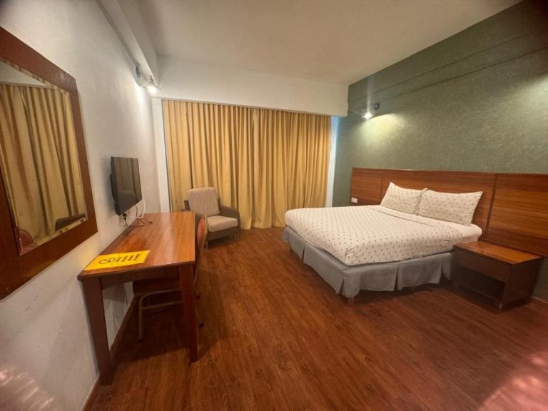 Habitación doble con cama matrimonial, suelo de madera y escritorio en Mayres Hotel