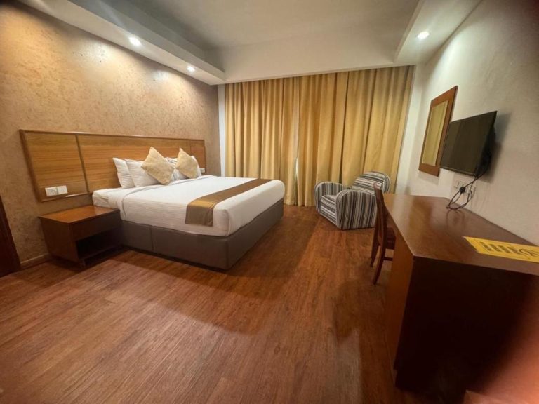 Habitación doble con cama matrimonial, suelo de madera y TV en Mayres Hotel