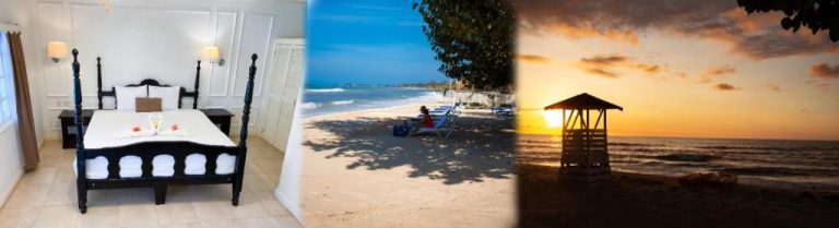 Habitación con cama dosel, playa tropical y atardecer en el hotel Merrils Deluxe Jamaica