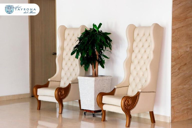 Elegantes sillones blancos con respaldo alto en el lobby del Hotel Tayrona del Mar con planta decorativa