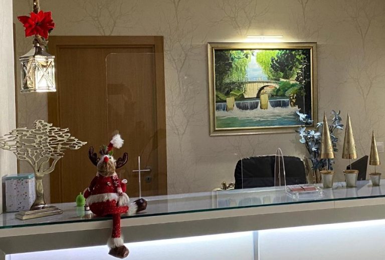 Recepción del Hotel Larverde decorada con motivos navideños, muñeco reno y árboles dorados