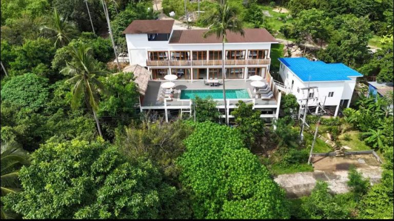 Vista aérea de la Monkey Villa con piscina infinita rodeada de vegetación tropical y terrazas privadas