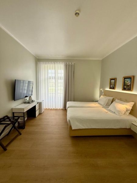 Habitación doble con dos camas y TV en Hotel Talisman, decoración moderna y suelos de madera