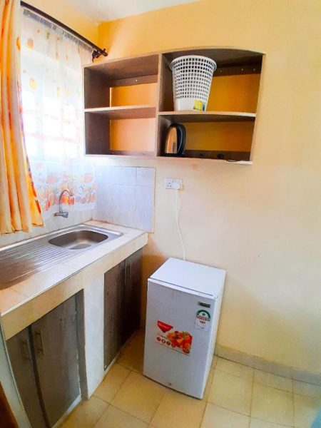 Cocina equipada con fregadero, mininevera y estantes en Villa De Leo