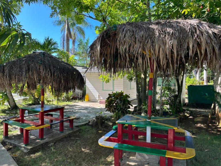 Mesas de picnic con colores rastafari bajo palapa de paja en jardín del Yoga Dreams Negril Jamaica