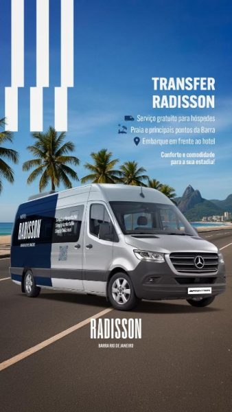 Servicio de transfer gratuito del Hotel Radisson Barra Río de Janeiro para huéspedes en van Mercedes Sprinter