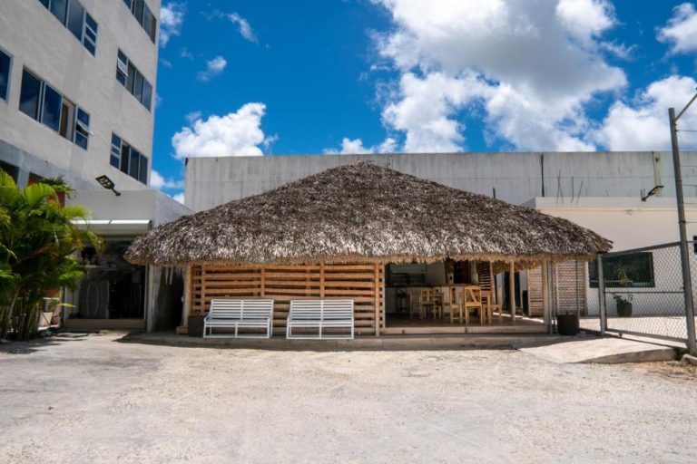 Palapa tradicional con techo de palma y zona de descanso exterior en Hotel Gran Real Punta Cana
