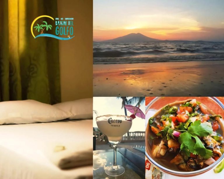 Hotel Frente a la Playa del Golfo: habitación, atardecer en la playa, margarita Cuervo y mariscos frescos