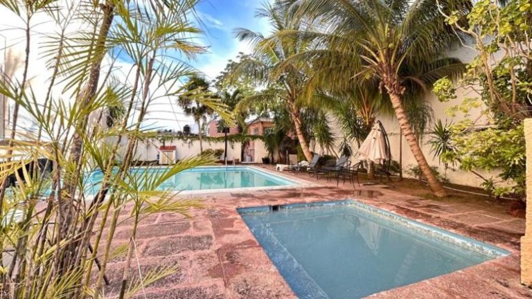Piscina exterior rodeada de palmeras tropicales en Íkaro Suites Cancún con zona de descanso