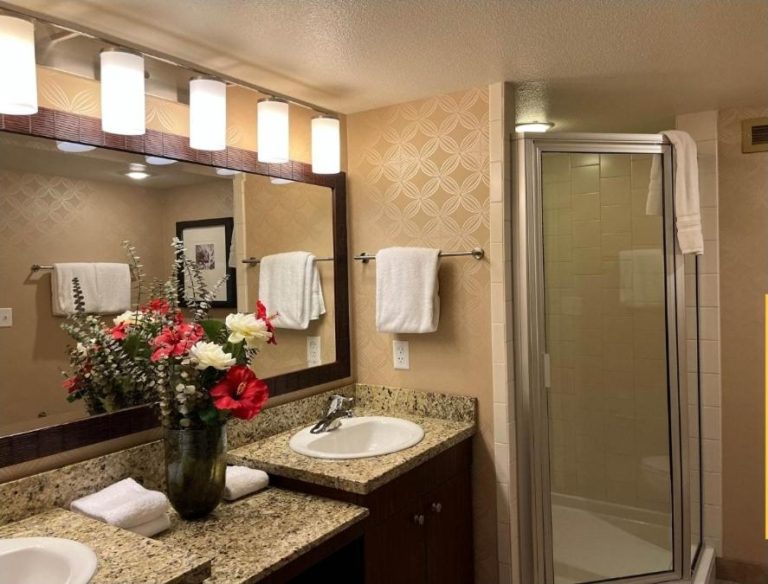 Baño moderno con ducha independiente y encimera de granito en The Carriage House