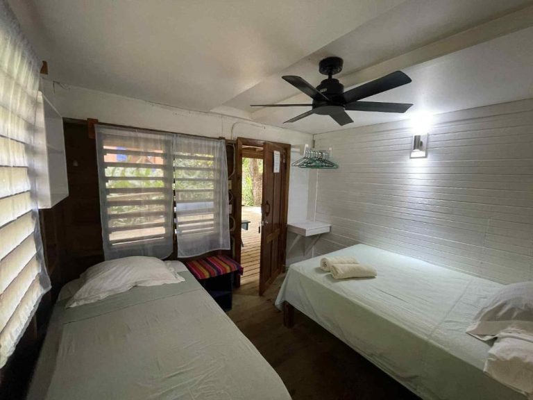 Habitación doble con dos camas, ventilador de techo y ventanas con vistas al jardín en Hotel Chillies and Native Sons Diving