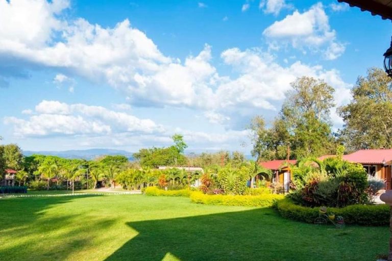 Jardines tropicales con césped y cabañas rodeadas de vegetación en Ecoturismo Monte Horeb