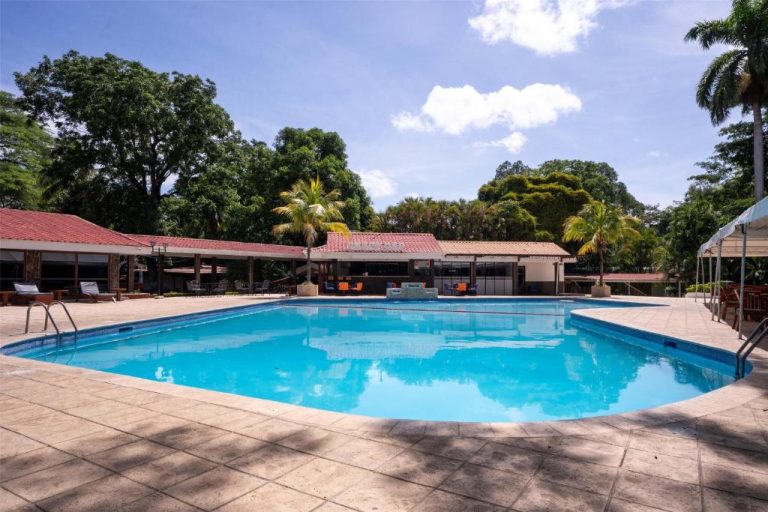 Amplia piscina exterior del Best Western Las Mercedes Airport rodeada de palmeras y zona de descanso