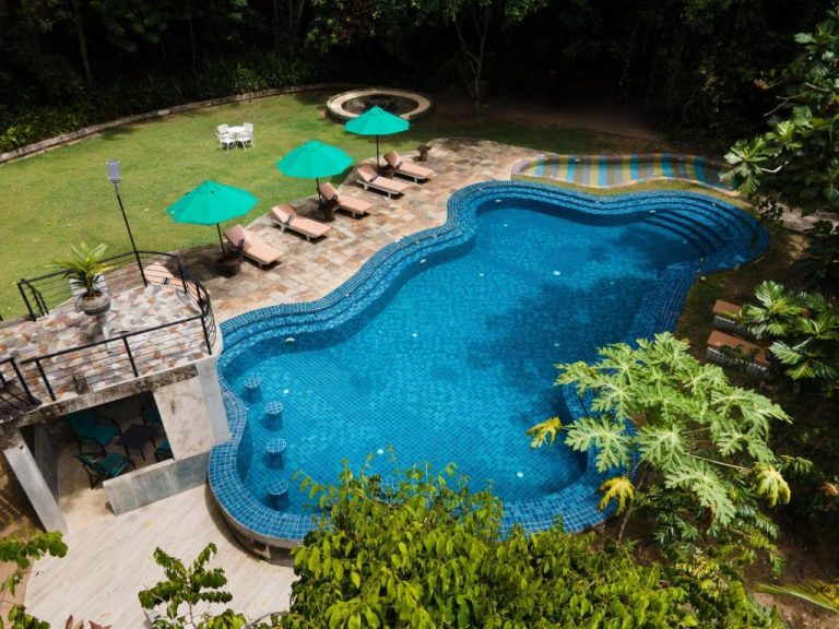 Piscina exterior de forma orgánica con tumbonas y sombrillas verdes en Jungle Village Unawatuna