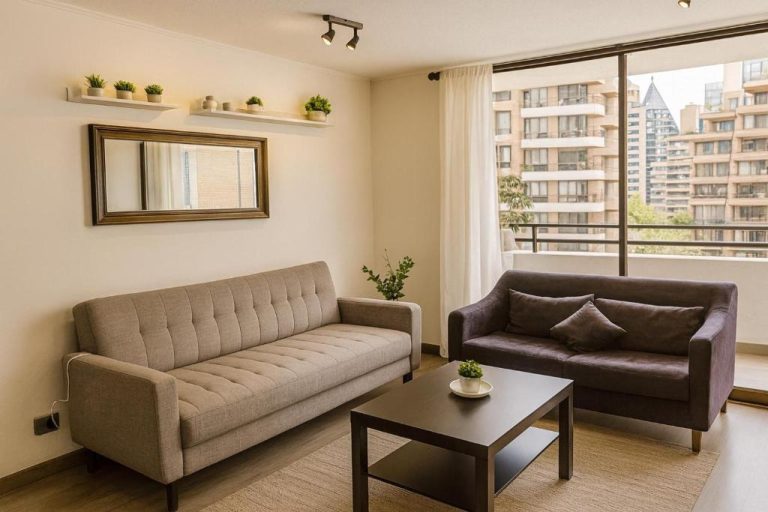 Salón moderno con sofás y vista panorámica a la ciudad en Apart Barrio El Golf con piscina