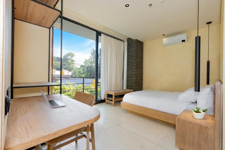 Habitación doble moderna con escritorio de trabajo y vista al jardín en Iconik Hotel
