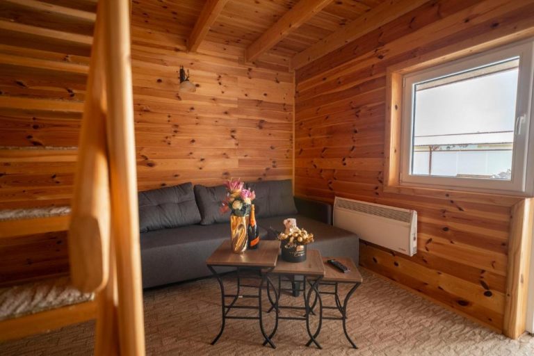 Salón rústico con sofá y mesa de café en cabaña de madera del Hotel Sjever