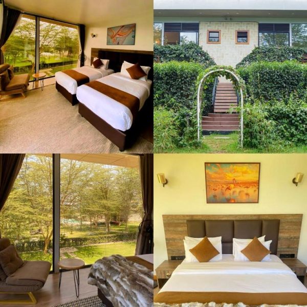 Habitaciones dobles y suite con vistas al jardín y exterior con arco vegetal del Lake Elementaita Manor