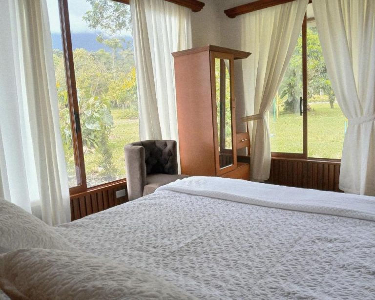 Habitación doble con cama blanca y vistas al jardín verde en La Quinta de Andrés