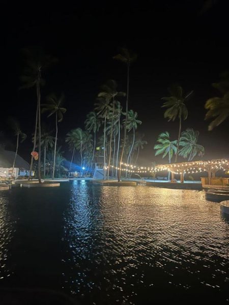 Piscina iluminada de noche con palmeras tropicales en Antonio Beach Hotel & Spa, África Oriental