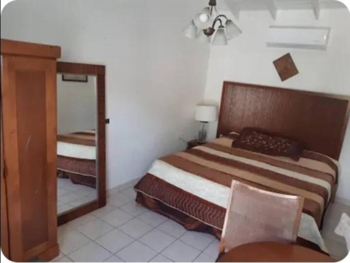Habitación doble con cabecero de madera y espejo de armario en Hotel Chez Lilly