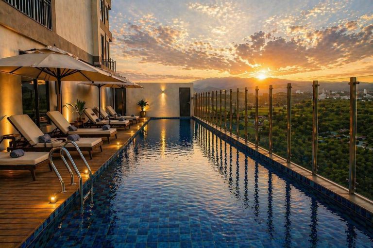 Piscina infinita en la azotea del Prime Plaza Hotel Mataram con impresionante vista al atardecer