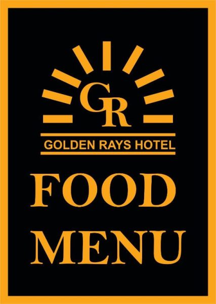 Carta de comida del restaurante Golden Rays Hotel con diseño elegante en negro y dorado