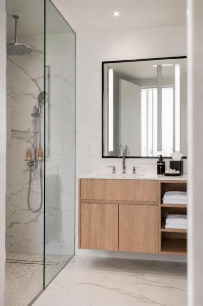 Baño de lujo con ducha de mármol y vanidad de madera flotante en Goldwynn Resort & Residences