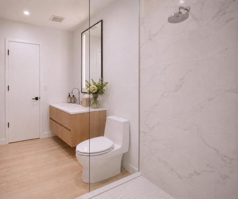 Baño moderno con ducha de mármol blanco y vanity flotante de madera en Goldwynn Resort & Residences