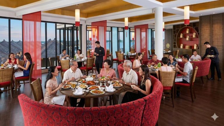 Restaurante chino del Golden Palm Tree Suite en Sepang con familias disfrutando de cena tradicional y vistas al mar