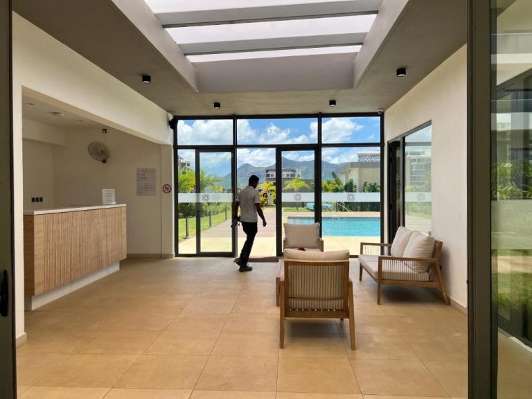 Recepción luminosa con vistas a la piscina exterior y montañas en Minissy Suites