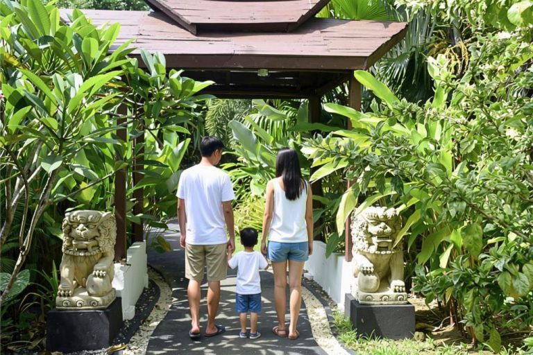 Familia paseando por el jardín tropical con esculturas en Carpe Diem Villas & Resort