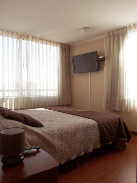 Habitación doble con cama matrimonial, TV de pantalla plana y ventanas amplias en Personal Aparts Bellas Artes