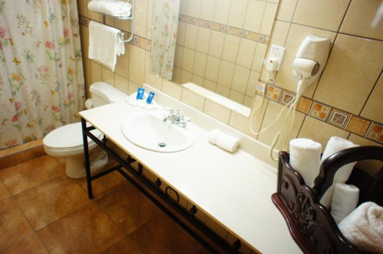 Baño completo del Hotel Cafe con lavabo, inodoro, secador de pelo y toallas blancas