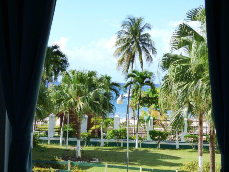 Jardín tropical con palmeras y vistas al mar del Beach One Bedroom Suite A17 en el Caribe