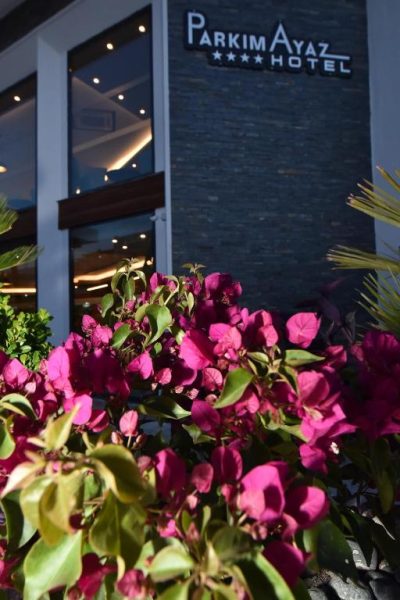 Fachada exterior del Parkim Ayaz Hotel decorada con buganvillas rosas en flor