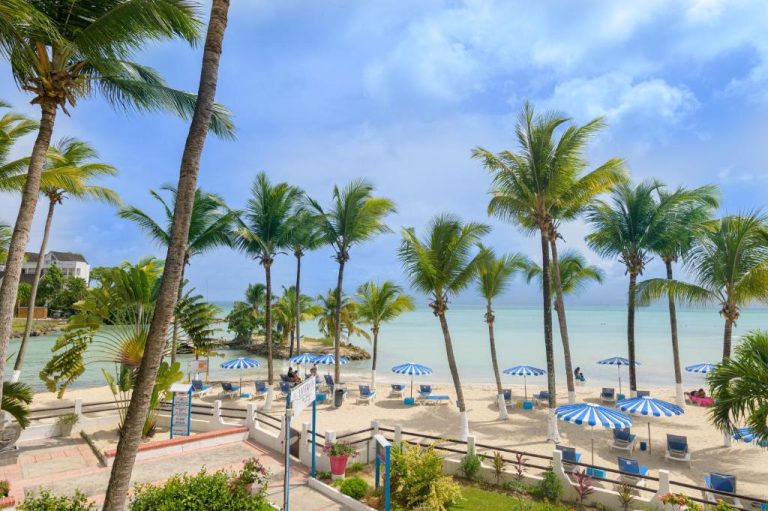 Playa privada con palmeras y sombrillas azules del Canella Beach Hotel con vistas al mar Caribe