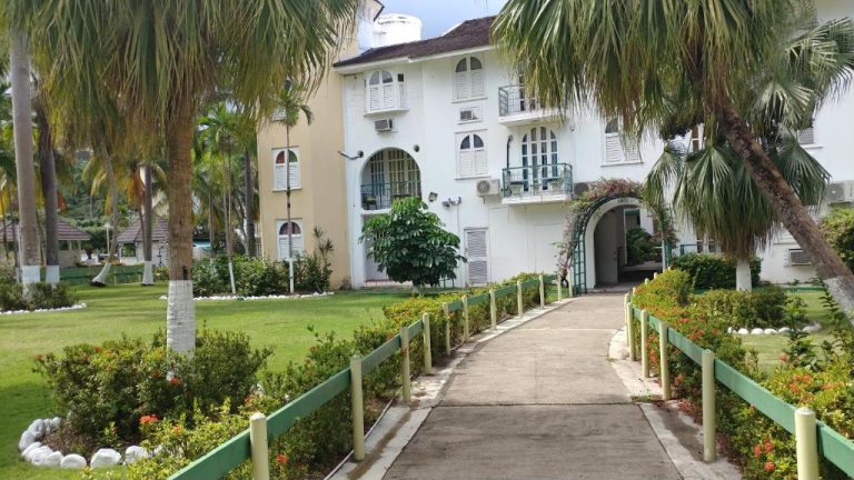 Jardín tropical con palmeras y camino de acceso principal al hotel SandCastles Holiday C9 en Jamaica