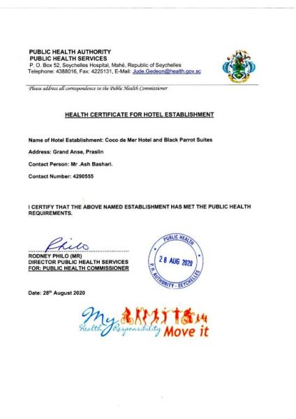 Certificado de Salud Pública del Coco de Mer Hotel and Black Parrot Suites en Grand Anse, Praslin, Seychelles
