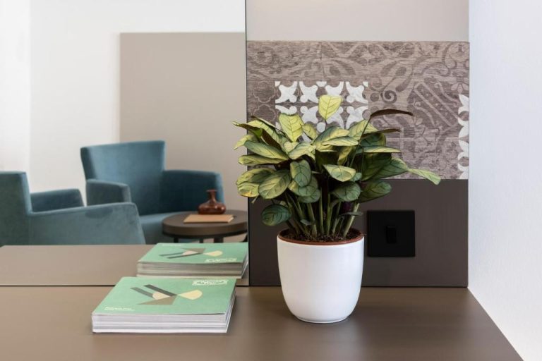 Zona de recepción del Bayview Hotel by ST Hotels con planta decorativa y revistas sobre mostrador