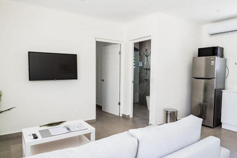Salón moderno con televisión, sofá blanco y nevera en The Palm Leaf Apartments